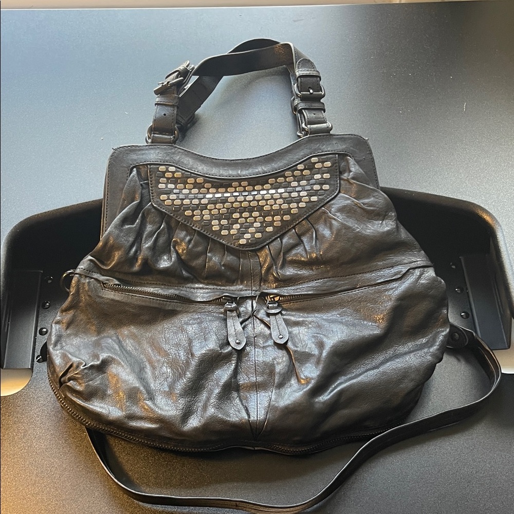 Olivia Harris Black Studded Leather Shoulder Bag